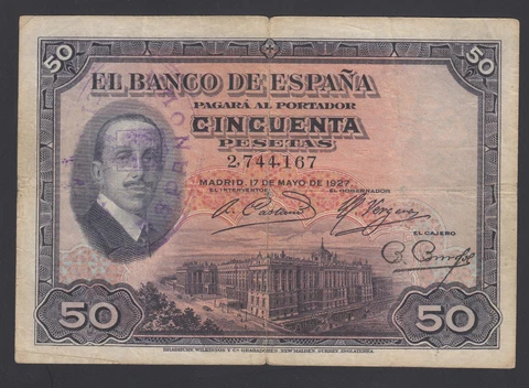 Spain  50 Pesetas 17-05-1927   Fine  P. 80,    Banknotes, Circulated Cover