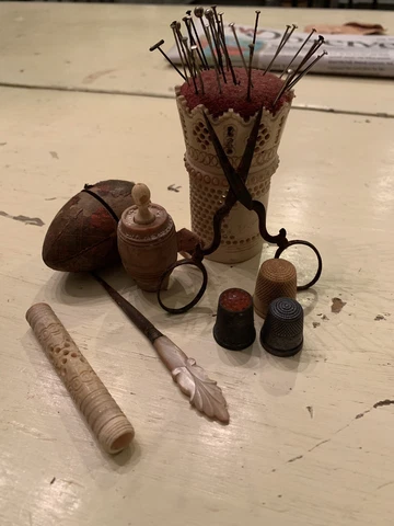Group Of Early 1800’s Sewing Thimbles, Pin Cushin , Plus Other Stuff From Estate Cover