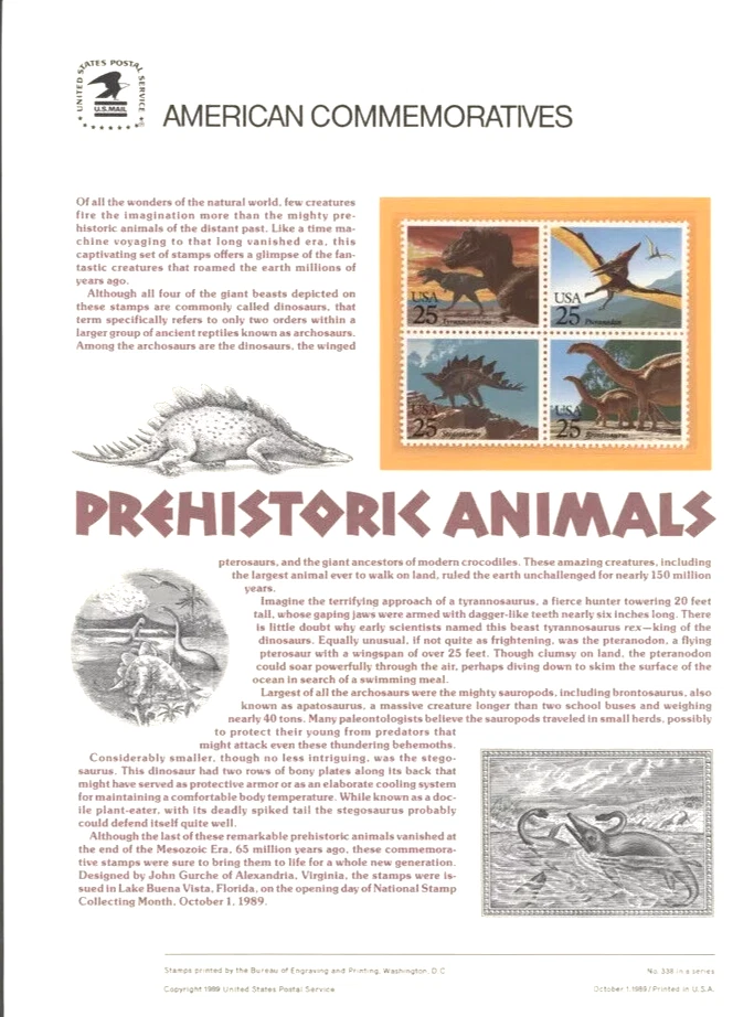 DINOSAURS PERHISTORIC ANIMALS 1989 COMMEMORATIVE STAMP PANEL #CP338 #2422-5 - Image 1 of 1