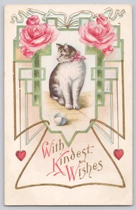 1910 Embossed Cat Postcard With Kindest Wishes Roses Art Nouveau Design - Picture 1 of 3