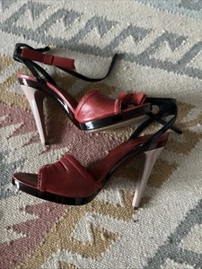 CHLOE Red With Black Patent Ankle Strap Pumps 9 EUR 39.5 Platform Open Toe - Picture 1 of 8