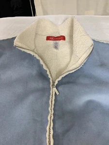 Anne Klein AK Faux Suede Jacket Womens L Blue Raw Seams Faux Fleece Lined - Picture 1 of 12