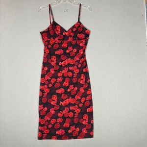 Vintage 90s Y2K Midi Dress Red Floral Spaghetti Straps Size L Side Slit Beaded - Picture 1 of 10