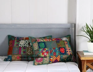 Handmade Vintage Green Patchwork Indian Ethnic Pillow Boho Cushion Cover 40x60cm - Picture 1 of 3