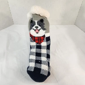Dog Puppy Plaid Sherpa Sock Slip Resistant Sole Navy Red Grey White One Size New - Picture 1 of 7