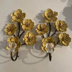 Vintage Set of 2 Yellow Flower Metal Wall Hook With Decorative Knob - Picture 1 of 12