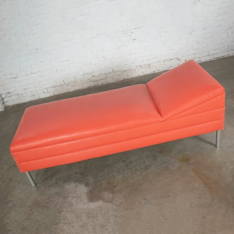 Mid Century Modern Chaise or Day Bed in Coral Vinyl Faux Leather with Aluminum L Cover