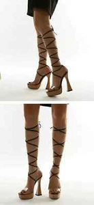 Sandalias Tacón Alto 13.5CM Plartform Meseta De Cordones Leer Piel Sintético - Imagen 1 de 5