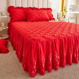 3x Lace Floral Mesh Ruffle Bed Skirt Pillowcases Set Bedspread Sheet Cover Home - Picture 1 of 18