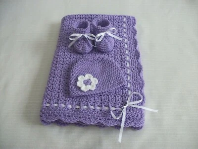 Crochet Baby Set- Blanket Hat Booties Infant 0-3m Handmade Shower Gift Baby Girl - Image 1 of 4