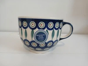 NEW Polish Pottery Large Mug Boleslawiec Blue Peacock Leaves Hand Painted 20 oz - Picture 1 of 7