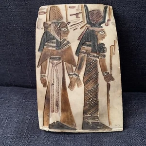 EGYPTIAN GODDESS GYPSUM PLASTER ART PLAQUE-COLOR-VINTAGE - Imagen 1 de 7
