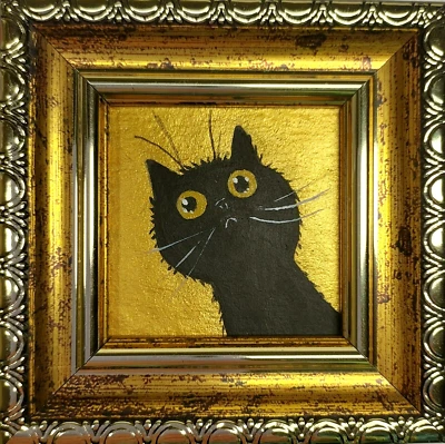 Black cat mini painting original Portrait cat art Framed Funny kitten artwork - Image 1 of 4