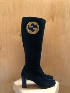 GUCCI Vtg Tom Ford Black Suede Leather Interlocking GG Logo Knee High Boot 37.5 - Picture 1 of 13