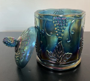 Vintage Indiana Carnival Glass Canister Jar Grapes Blue Green Purple 7 1/2" - Picture 1 of 6