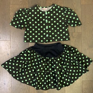Vintage 90s Girls Size 8 Black Neon Green Polka Dot 2 Pc Top & Skirt Ruffles Set - Picture 1 of 18
