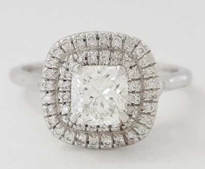 0.97 ct 18K White Gold Cushion Cut Diamond Double Halo Engagement Ring GIA E/VS1 - Image 1 of 4