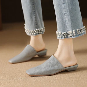 Mujer Cuero Real Piel de Oveja Puntera Cuadrada Francés Tacón Bajo Bloque Zapatillas Mules talla - Imagen 1 de 24
