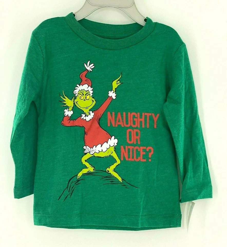 Infant Boys Green The Grinch Naughty or Long Sleeve Christmas Tee Shirt 12m