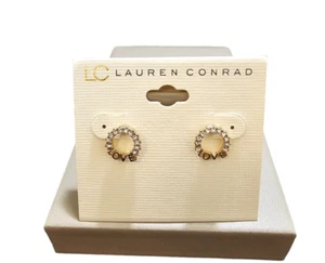 LC Lauren Conrad Women's Gold Plated Rhinestone Love Stud Earrings NWT - Picture 1 of 5