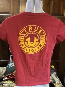 True Religion weiches T-Shirt Buddha rot V-Ausschnitt Top Large Damen - Bild 1 von 9