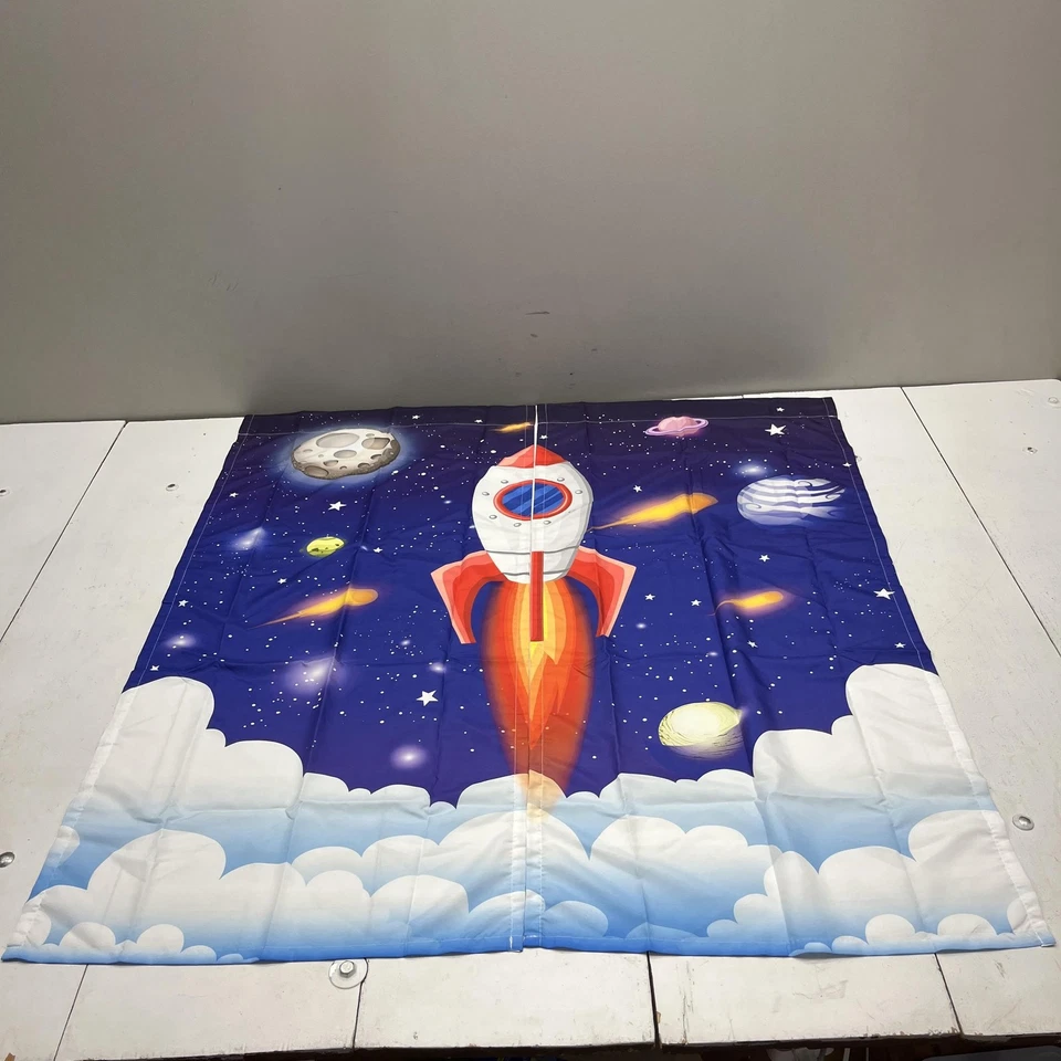 Cortina de ventana espacial de nave cohete panel individual para habitación de niños varilla de bolsillo planetas azul Foto 1 de 4