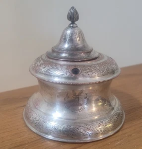 Vintage Tintenfass Zinn & Kobaltblau Glas Klappdeckel, Hirsch, Spes Anchora Vitae - Bild 1 von 13