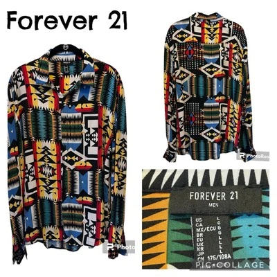 Forever 21 男式多色几何抽象长袖 100% 人造丝 L 码 — 第 1/4 张图片