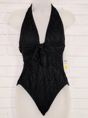 Carmen Marc Valvo Women's One-Piece Plunge Halter Swimsuit Black Size 10 NWT - Image 1 of 4