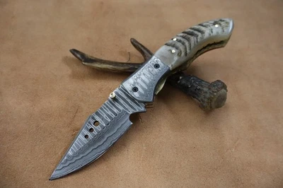 Custom Handmade Damascus Steel Pocket Underlock Folding Knife Camping Knife - Image 1 of 4