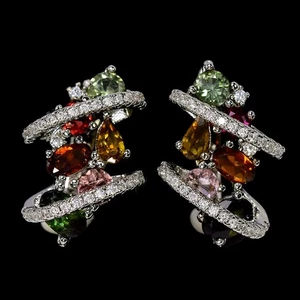 NATURAL AAA MULTI COLOR TOURMALINE & WHITE CZ STERLING 925 SILVER DROP EARRING - Picture 1 of 6