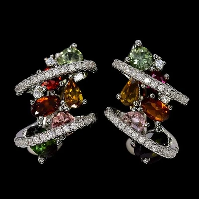 NATURAL AAA MULTI COLOR TOURMALINE & WHITE CZ STERLING 925 SILVER DROP EARRING - Image 1 of 4