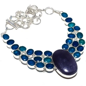 Collana In Argento Sterling 925 Fatta A Mano In Sodalite E Calcedonio 18" - Foto 1 di 5