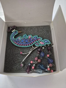 Avon Peacock Brooch Pin Rhinestones Beads Silver Tone 7” Vtg 2004 NOS - Picture 1 of 10