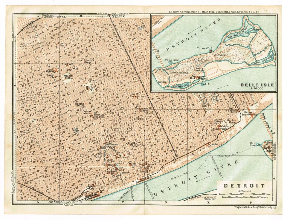 DETROIT  1909  Original  Map City Plan BELLE ISLE MICHIGAN U.S. - Image 1 of 4