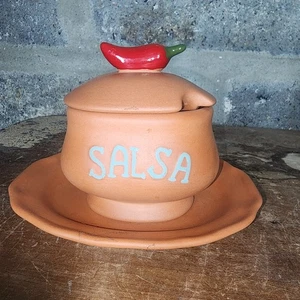 StoryTeller Arts handpainted Mexico Terra Cotta covered Salsa with underplate - Picture 1 of 9