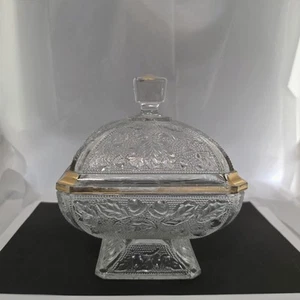 Vintage JEANETTE Oak Leaf & Acorn Clear Glass Covered Candy Dish Gold Trim - Picture 1 of 18