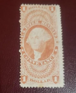 US Used IRS Stamp-Scott #R66c Washington $1 Orange Conveyance Light Pen Cancel - Picture 1 of 1