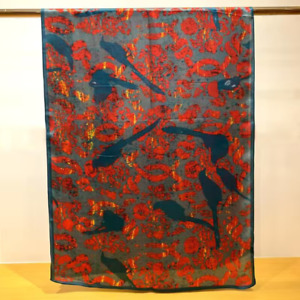 Women 100% Mulberry Silk Scarf Vintage Shawl Print Hand Rolled Gift Flame Peacoc