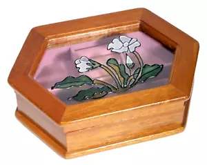 Vintage Mele Wood Jewelry Box Glass Lid Hinged White Flower Pink Lining - Bild 1 von 10