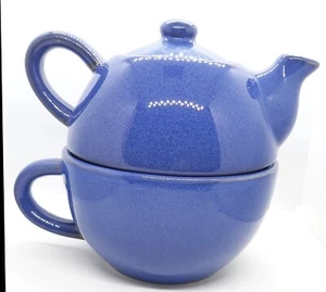 PIER 1 Blue Stoneware Tea for One Teapot W/Mug - Picture 1 of 11