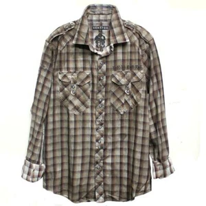 New REMETEE Men's Western Pearl Snap Shirt Brown Plaid Cross- Super Price - Picture 1 of 3