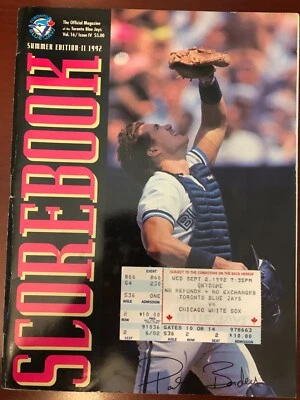 PAT BORDERS Signed 1992 Toronto Blue Jays Scorebook inc Ticket Stub - Autograph - Image 1 of 2