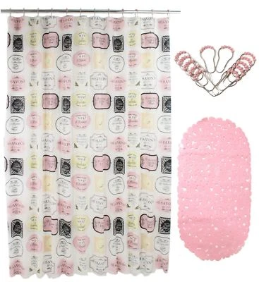 14 Pcs PEVA Shower Curtain Set 72” w/ Anti-Slipping Rubber Mat & 12 Beaded Hooks - Image 1 of 4