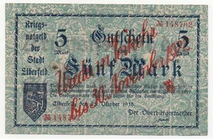 GERMANY ELBERFELD 5 MARK 1918 OVPT WAR NOTGELD EMERGENCY MONEY LOOK SCANS - Picture 1 of 2