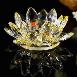 Yellow/Gold Crystal Glass Lotus Flower Candle Tea Light Holder Candle stick Deco - Picture 1 of 3