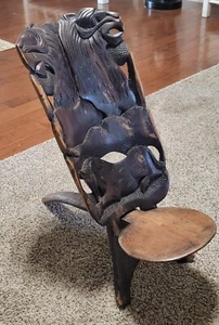 Vintage African Tribal Hand Carved Wooden Birthing Chair Two Solid Pcs - Picture 1 of 9