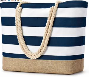 Beach Bags for Women Large Canvas Jute Beach Tote Waterproof Sandproof Swim Pool - Picture 1 of 7