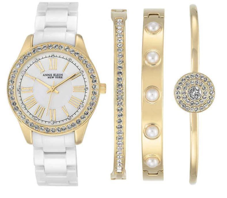 Anne Klein Womens 35mm White Ceramic Crystal Gold Watch Bracelet Set 12/2256gbst