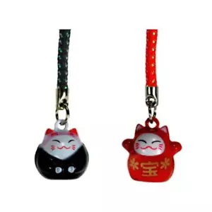 SET OF 2 LUCKY CAT BELL CHARM Red Black Maneki Neko Mobile Cell Phone Strap NEW - Picture 1 of 3